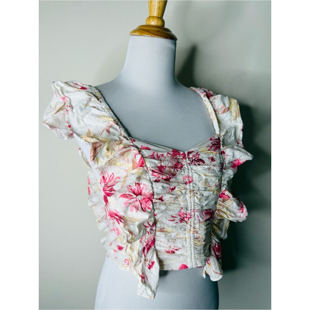 H&M Red Floral Bohemian Cottagecore Linen Blend Ruffle Crop Top - Picture 3 of 6